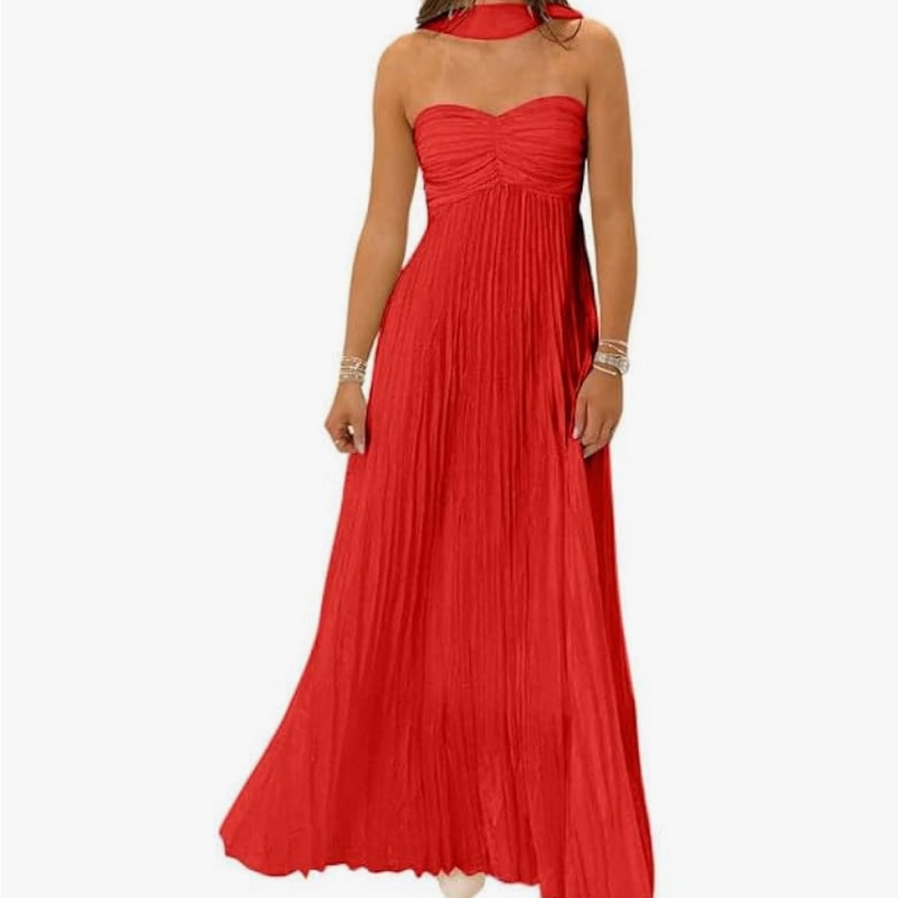 NWT Red Strapless Maxi Dress Chiffon Neck Scarf